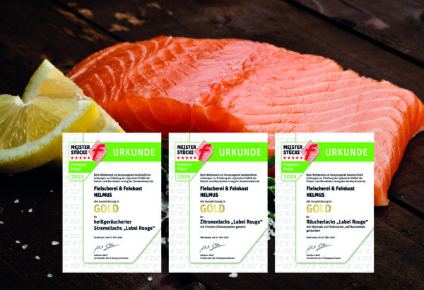 Auszeichnung in Gold und drei „Label Rouge“ für kaltgeräucherten Lachs, Zitronenlachs und heißgeräucherten Stremel-Lachs.
